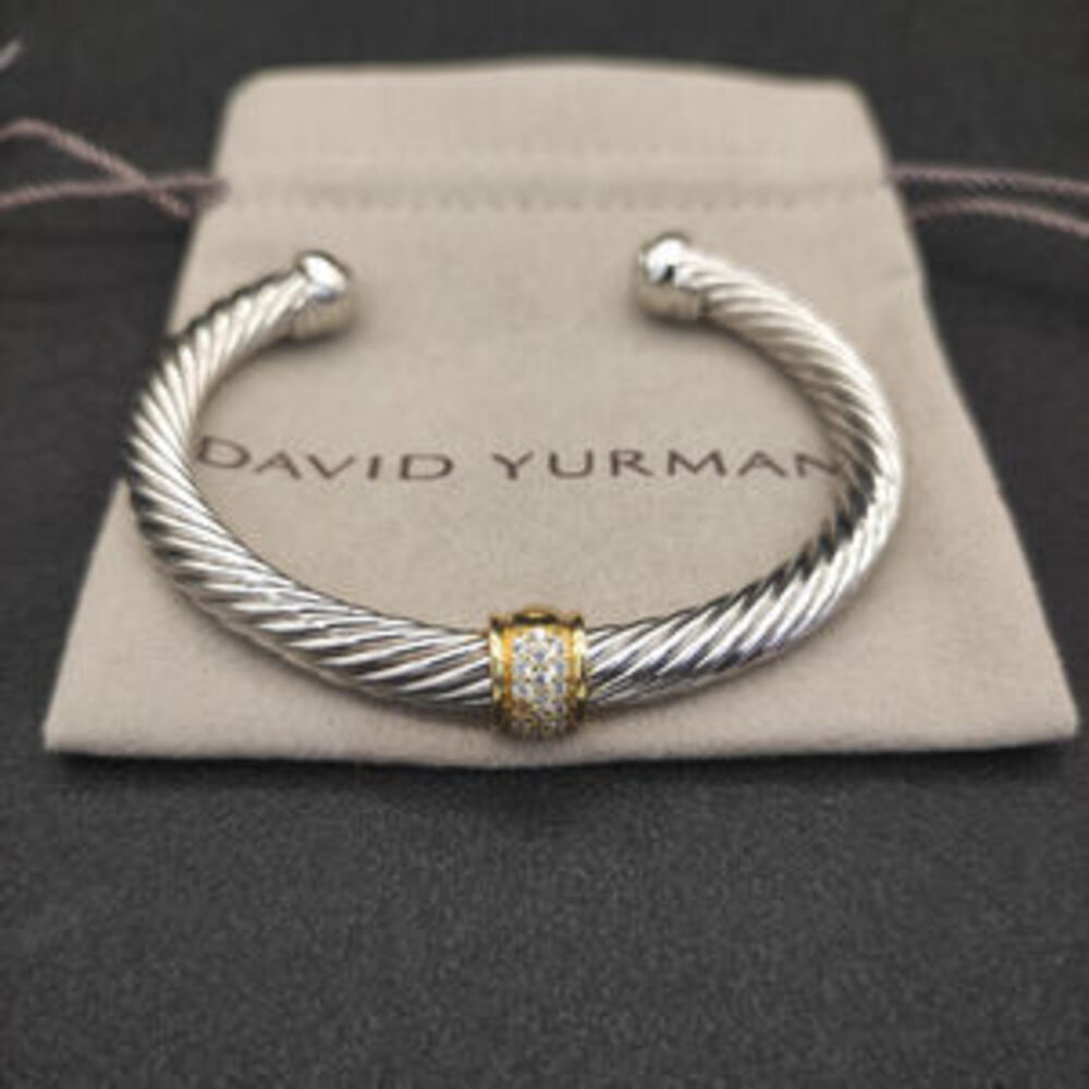 David Yurman 7mm Silver Gold Beaded White Diamond Bracelet